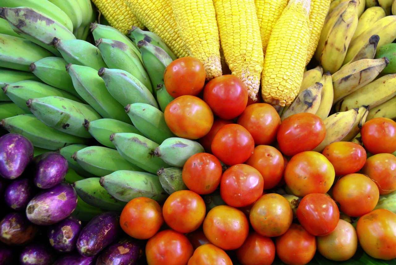 Fresh fruits and vegetables puzzle online from photo