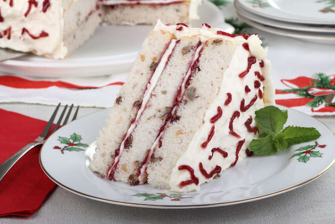 Κομμάτι του άσπρου κέικ σε ένα χριστουγεννιάτικο πιάτο παζλ online από φωτογραφία