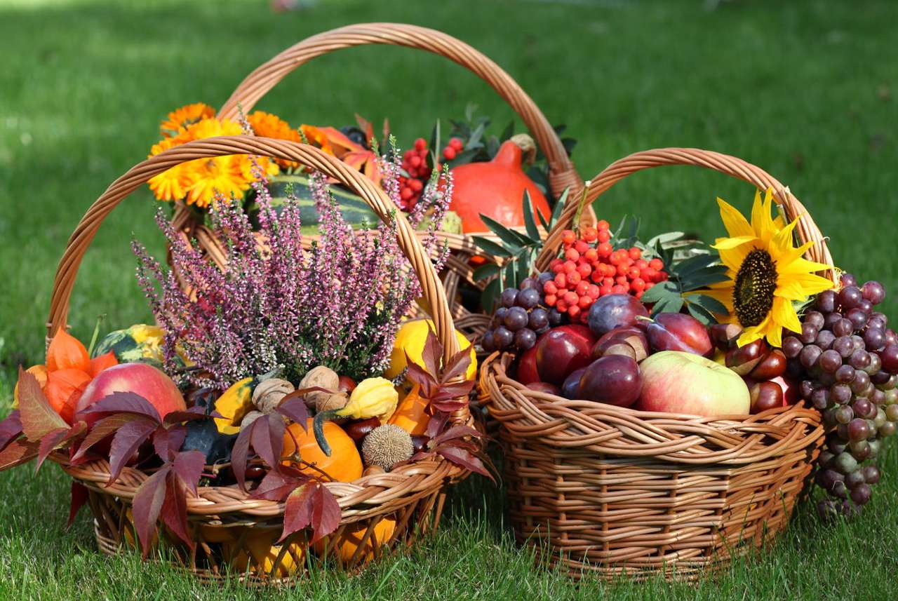 Tři proutěné koše s podzimním ovocem a květinami online puzzle