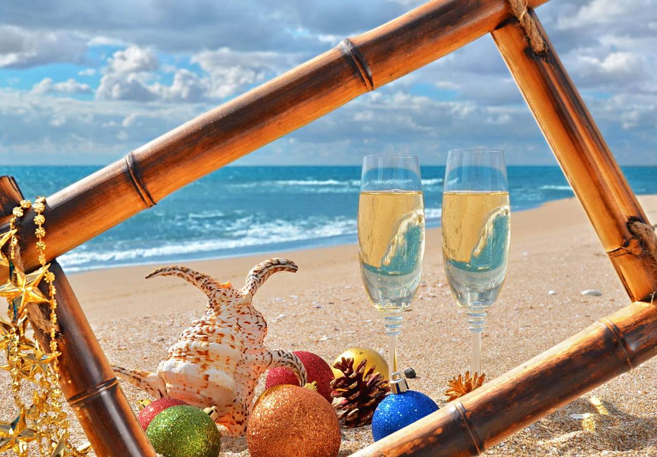 Kerst ansichtkaart met het strand op de achtergrond online puzzel