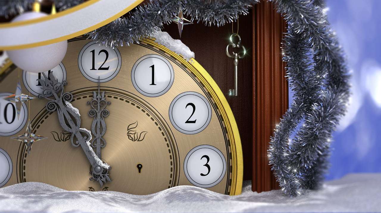 Composición de año nuevo con reloj antiguo rompecabezas en línea