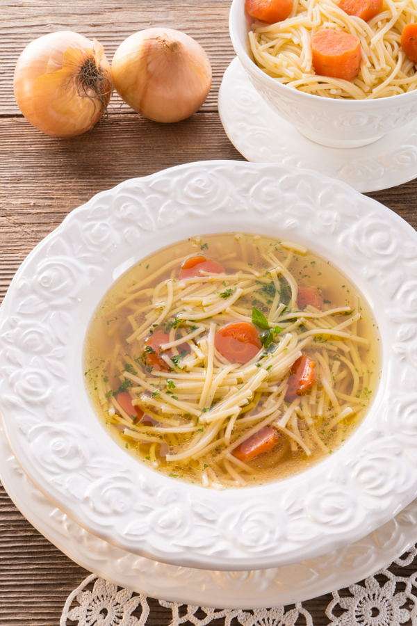 Beef broth with noodles puzzle online from photo