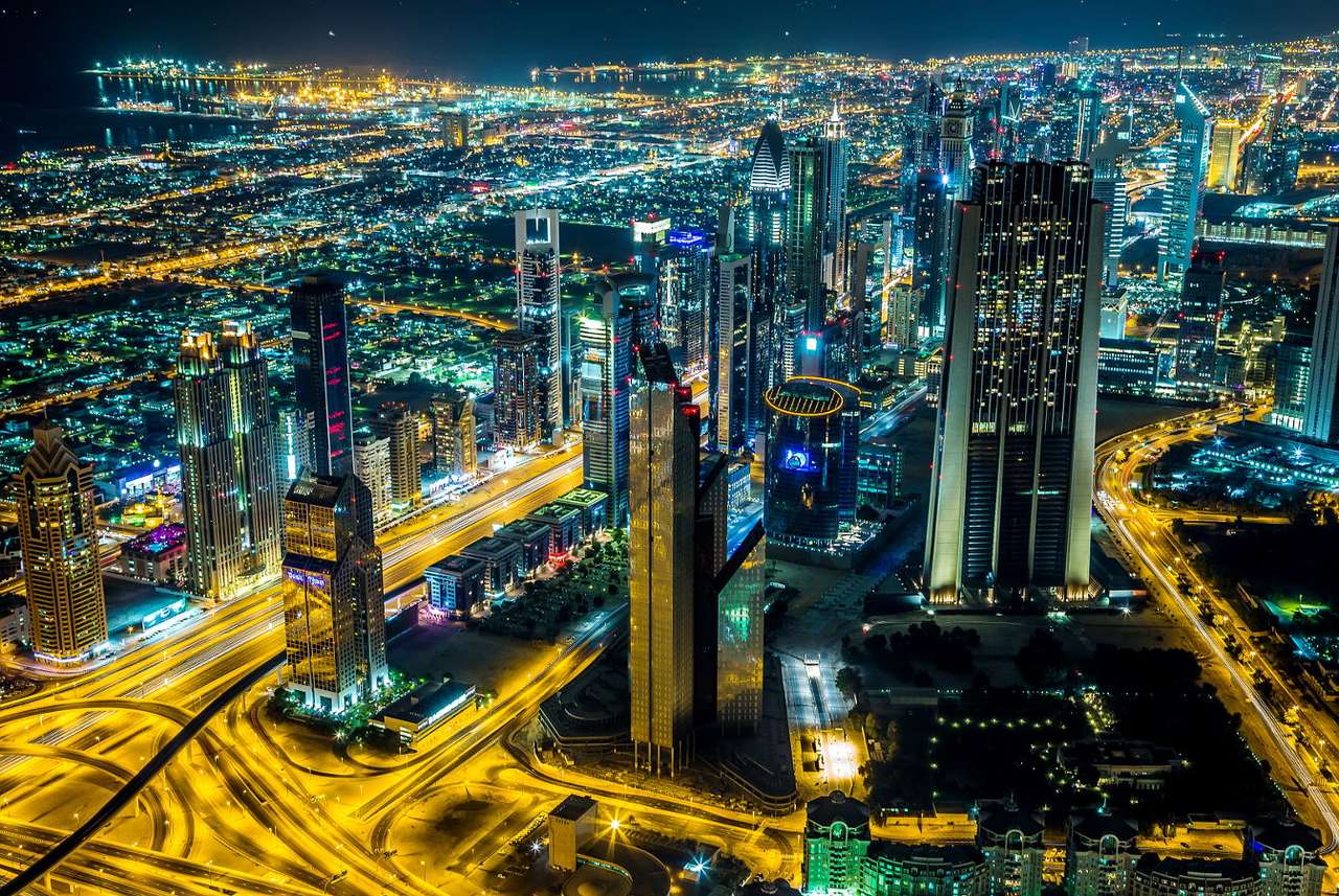 Panorama van Dubai 's nachts (Verenigde Arabische Emiraten) puzzel online van foto