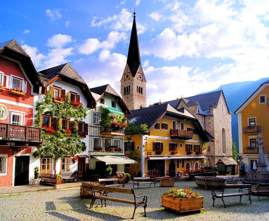 Marché dans le village de Hallstatt (Autriche) puzzle en ligne à partir d'une photo