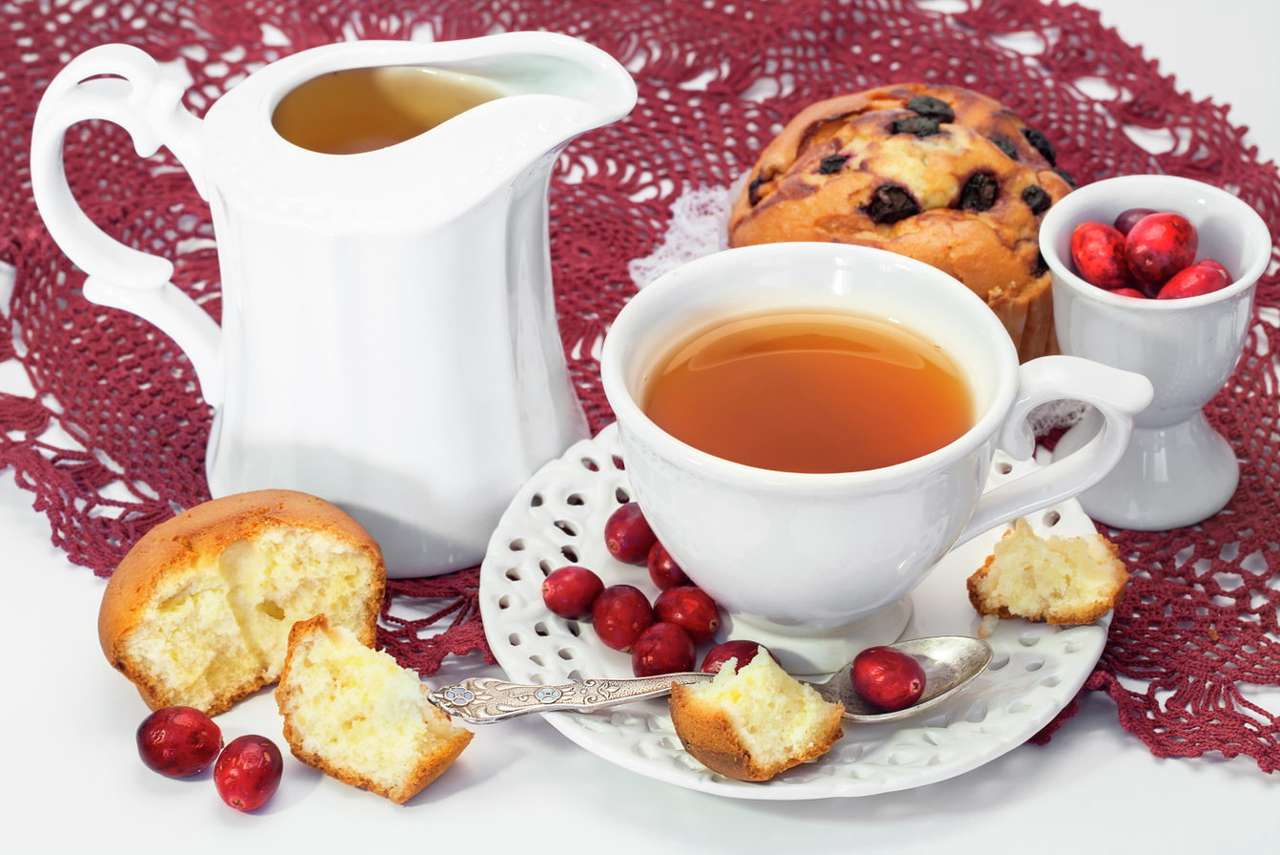Cup of tea and muffin with cranberries puzzle online from photo