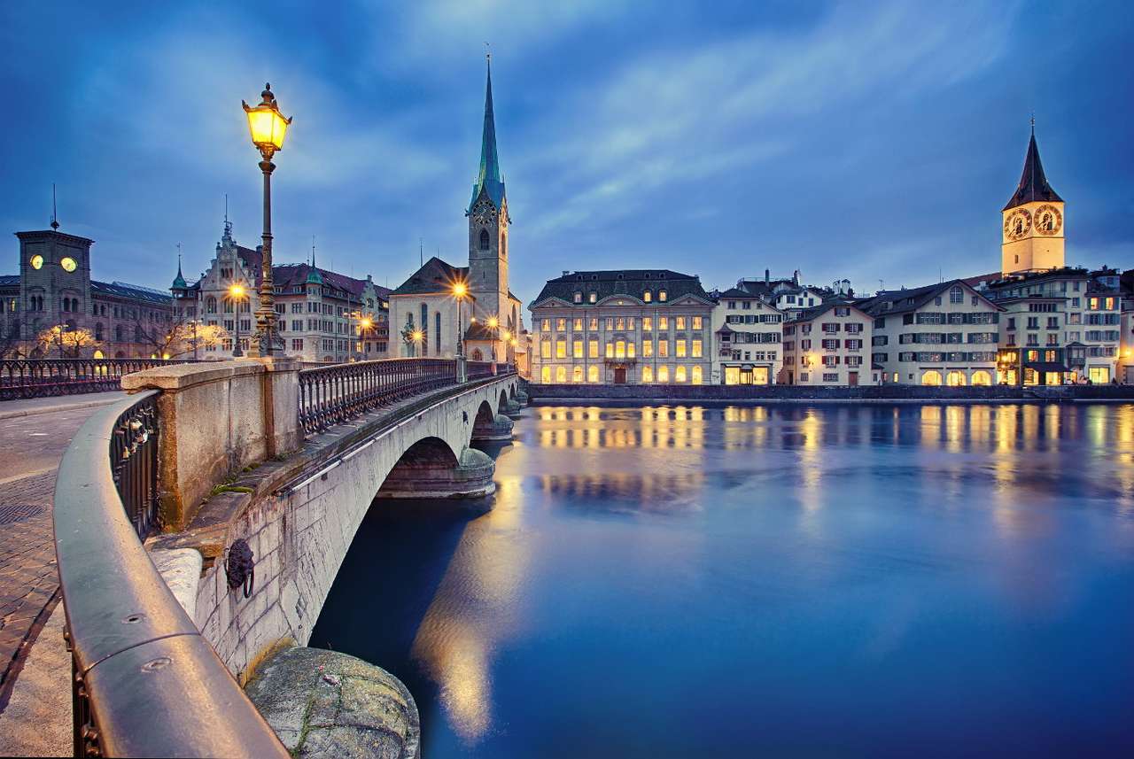 Вечерна панорама на Цюрих (Швейцария) онлайн пъзел