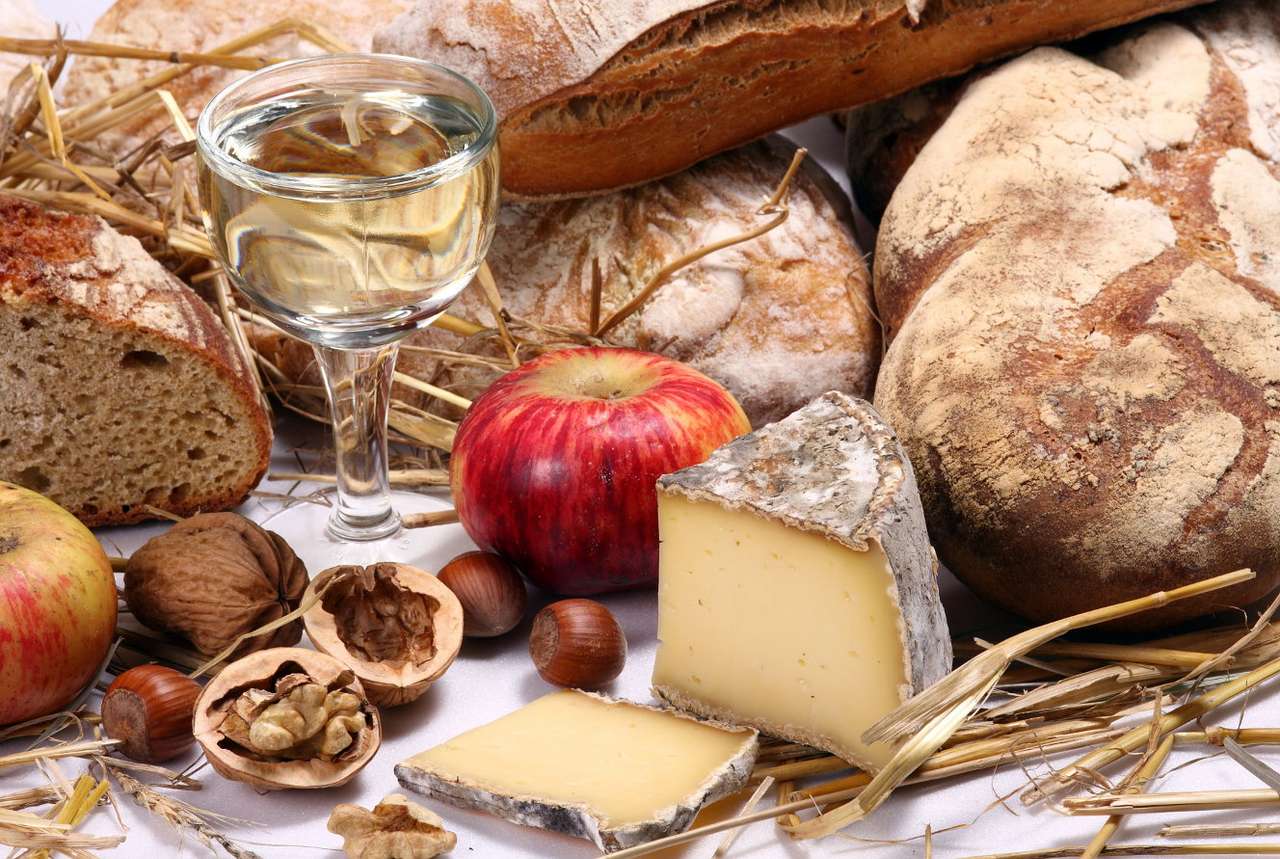 Bread, wine and cheese puzzle online from photo