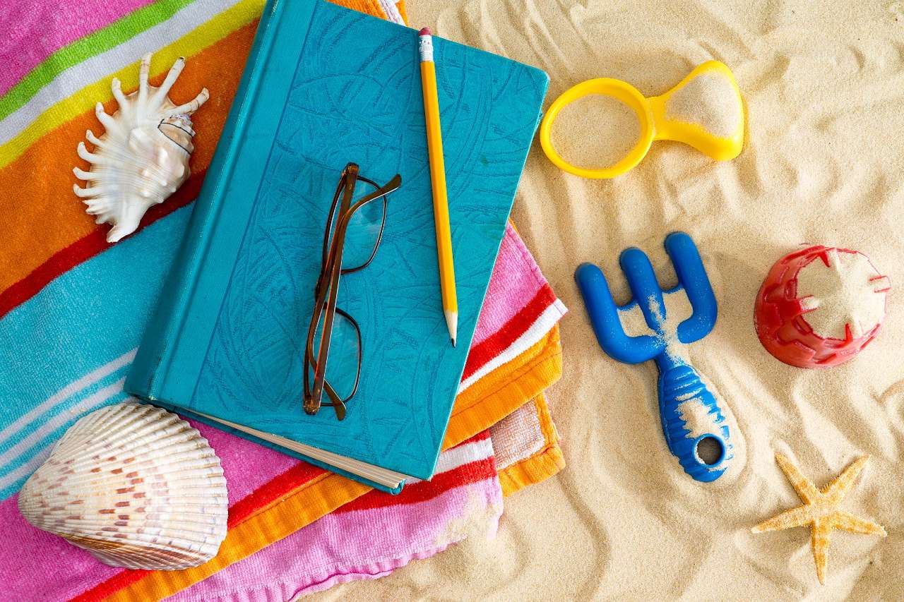 Libro e occhiali da sole su un telo da mare puzzle online