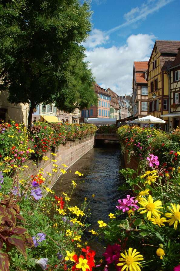 Blommor på en kanal i staden Colmar (Frankrike) Pussel online