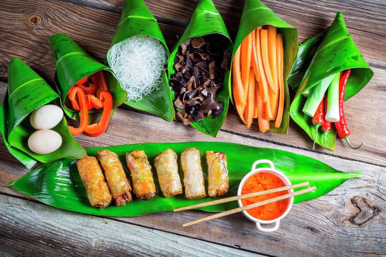 Spring rolls and sweet and sour sauce puzzle online from photo