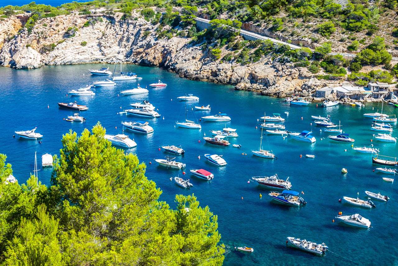 Barci cu motor pe plaja Cala d'Hort (Spania) puzzle online din fotografie