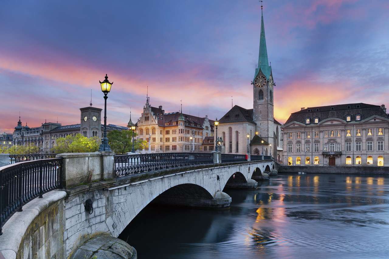 Bridge in Zurich with the view of the Fraumünster (Switzerland) puzzle from photo