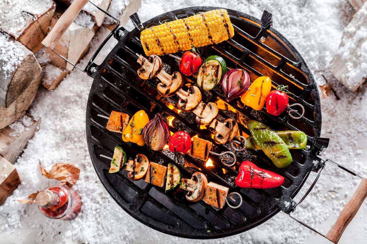 Vegetarian shashliks on a barbecue grill puzzle online from photo