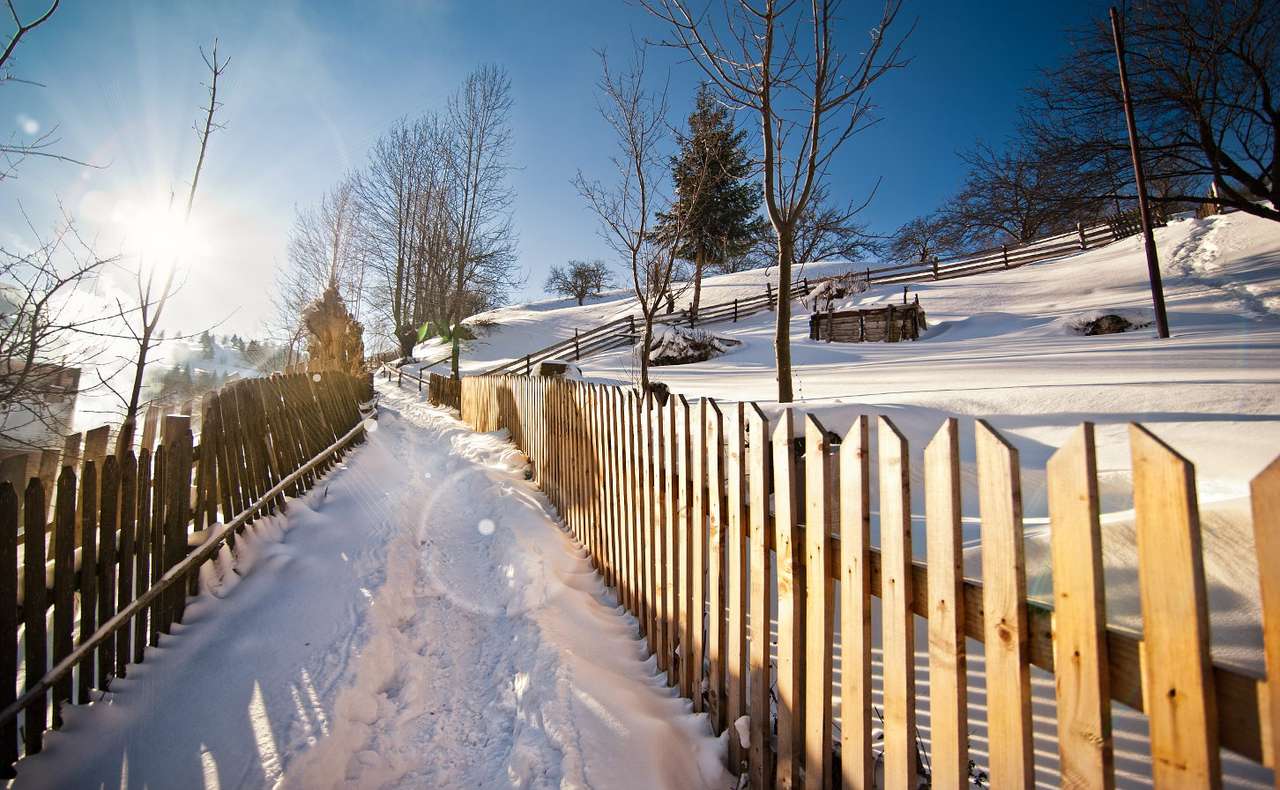 Ένας στενός επαρχιακός δρόμος καλυμμένος με χιόνι online παζλ