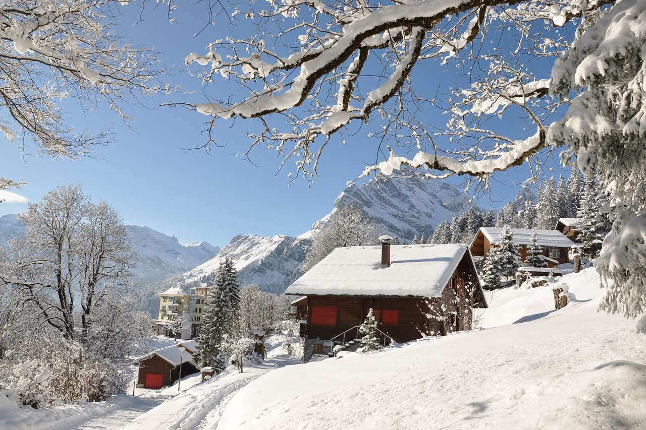 Dorp Braunwald bedekt met sneeuw (Zwitserland) online puzzel