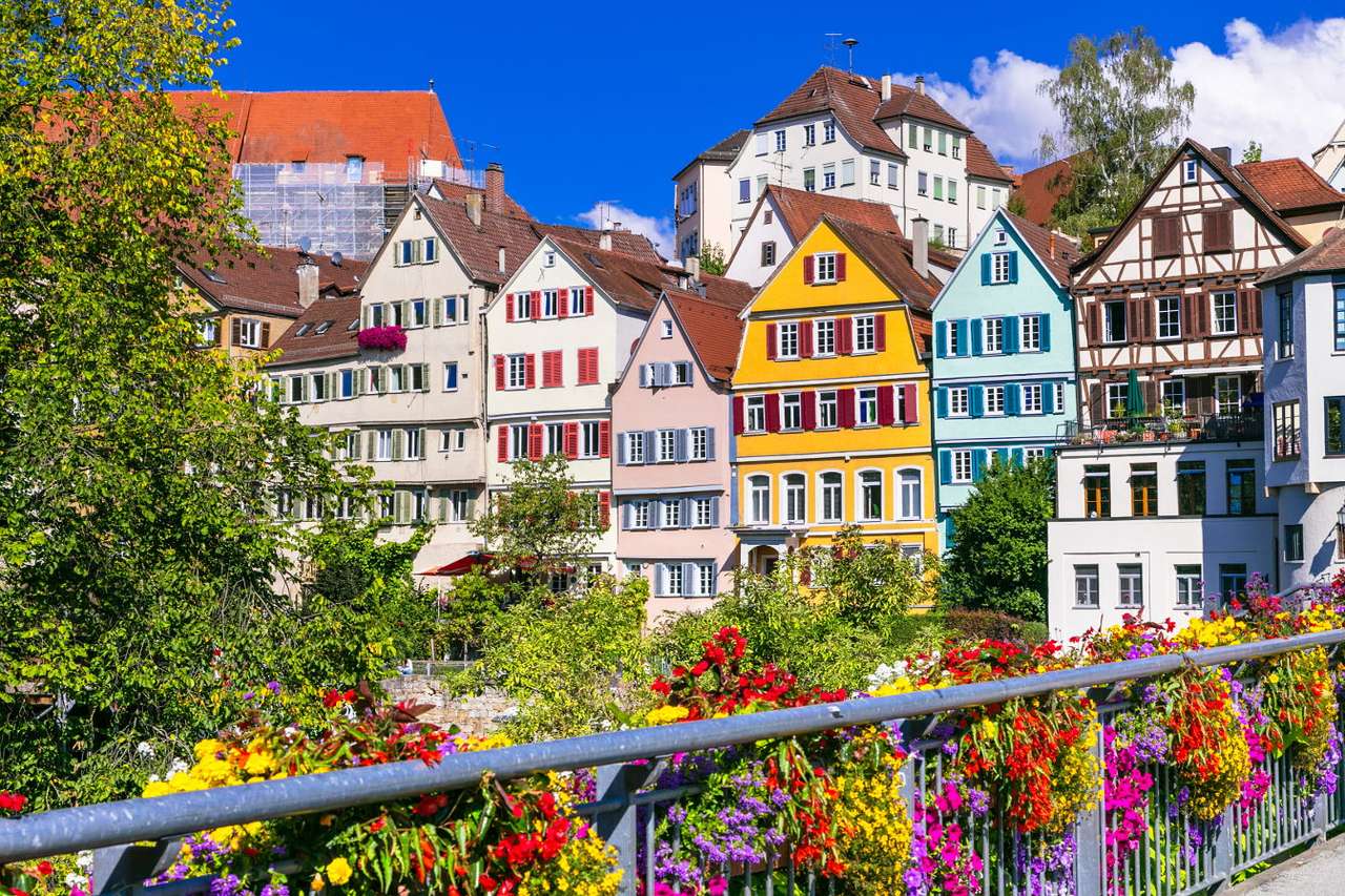 Цветни жилищни къщи на река Некар в Тюбинген (Германия) онлайн пъзел от снимка