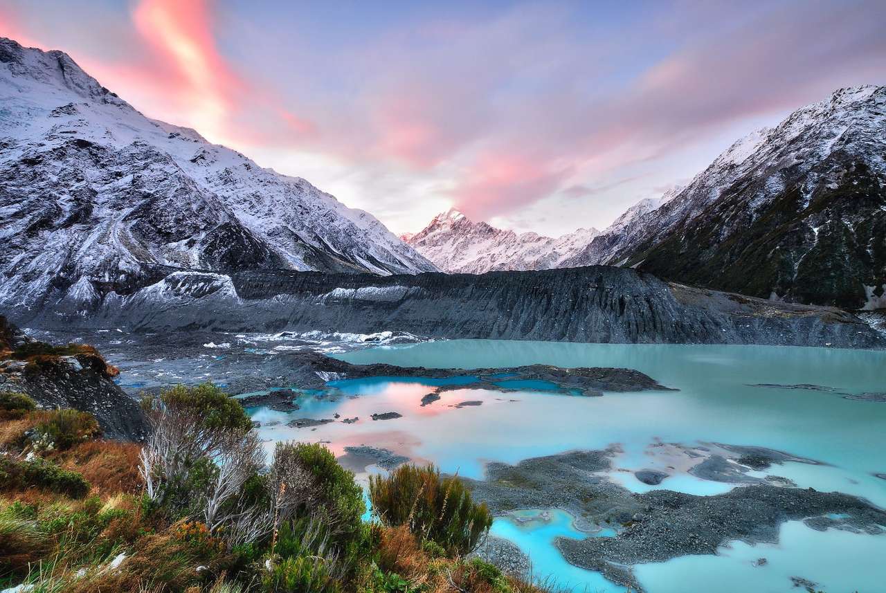 Sonnenuntergang über dem Müllergletscher (Neuseeland) Online-Puzzle vom Foto