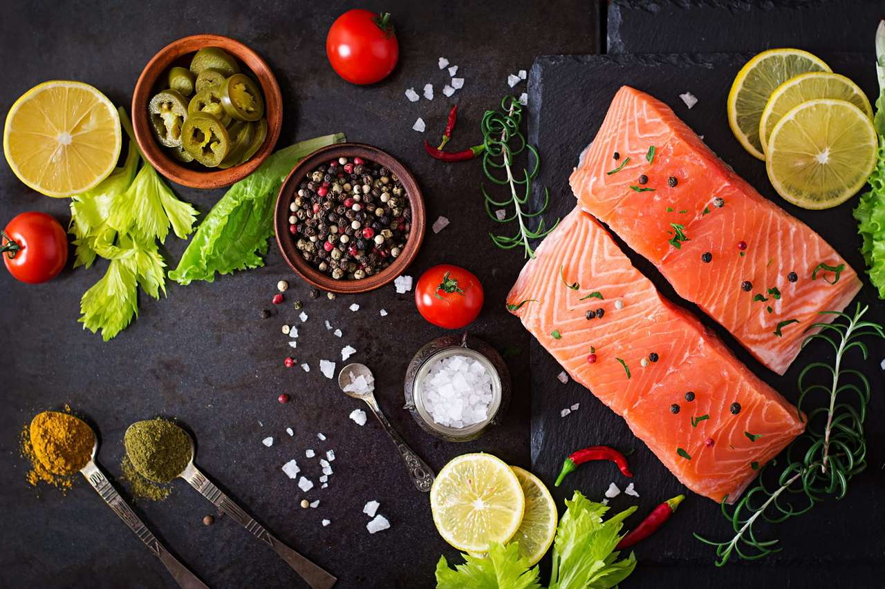 Salmon fillet with toppings puzzle online from photo