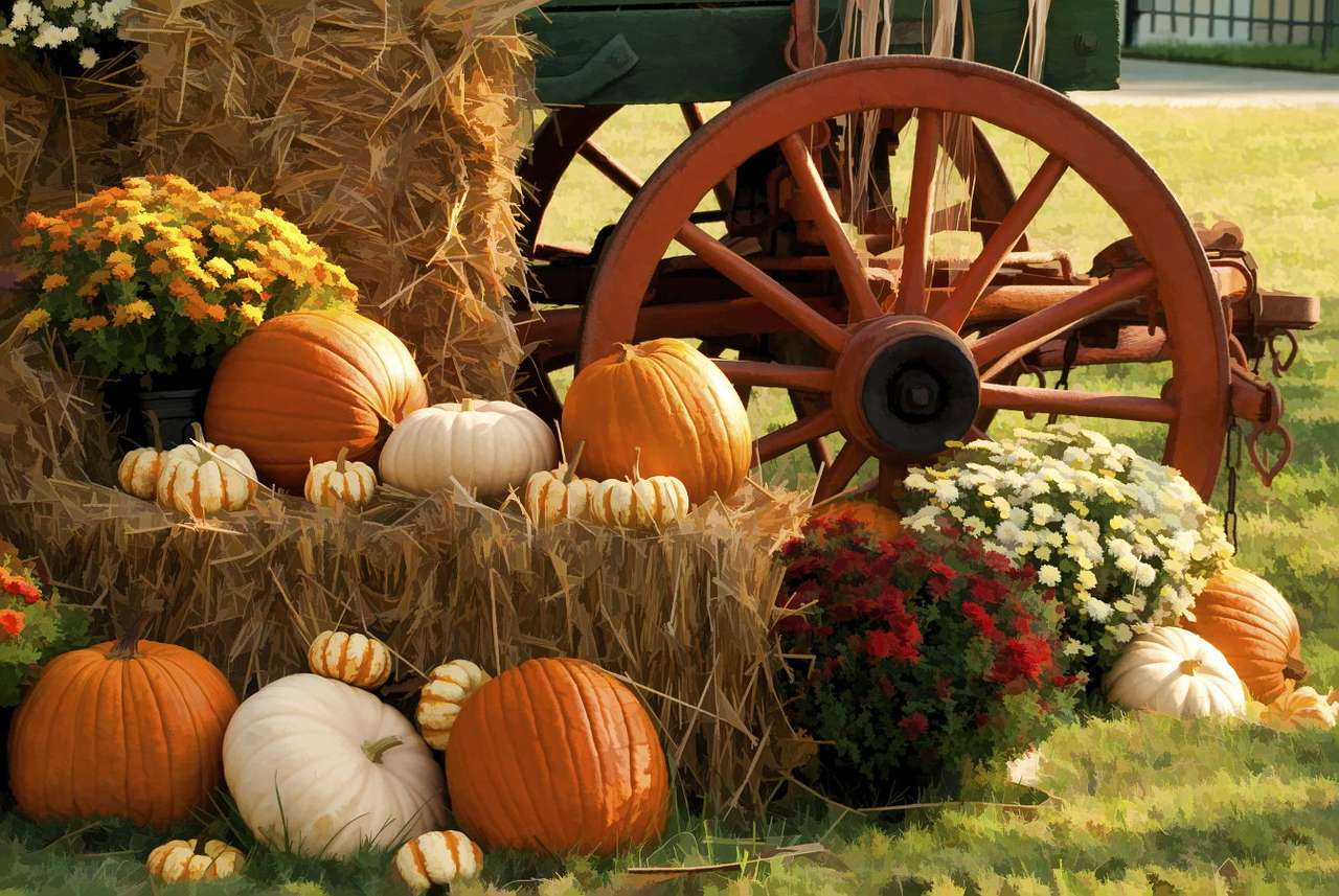 Rustic composition with pumpkins and a wooden wagon wheel puzzle online from photo