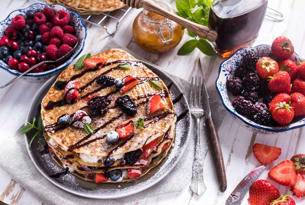 Pancakes with fruits and chocolate puzzle online from photo