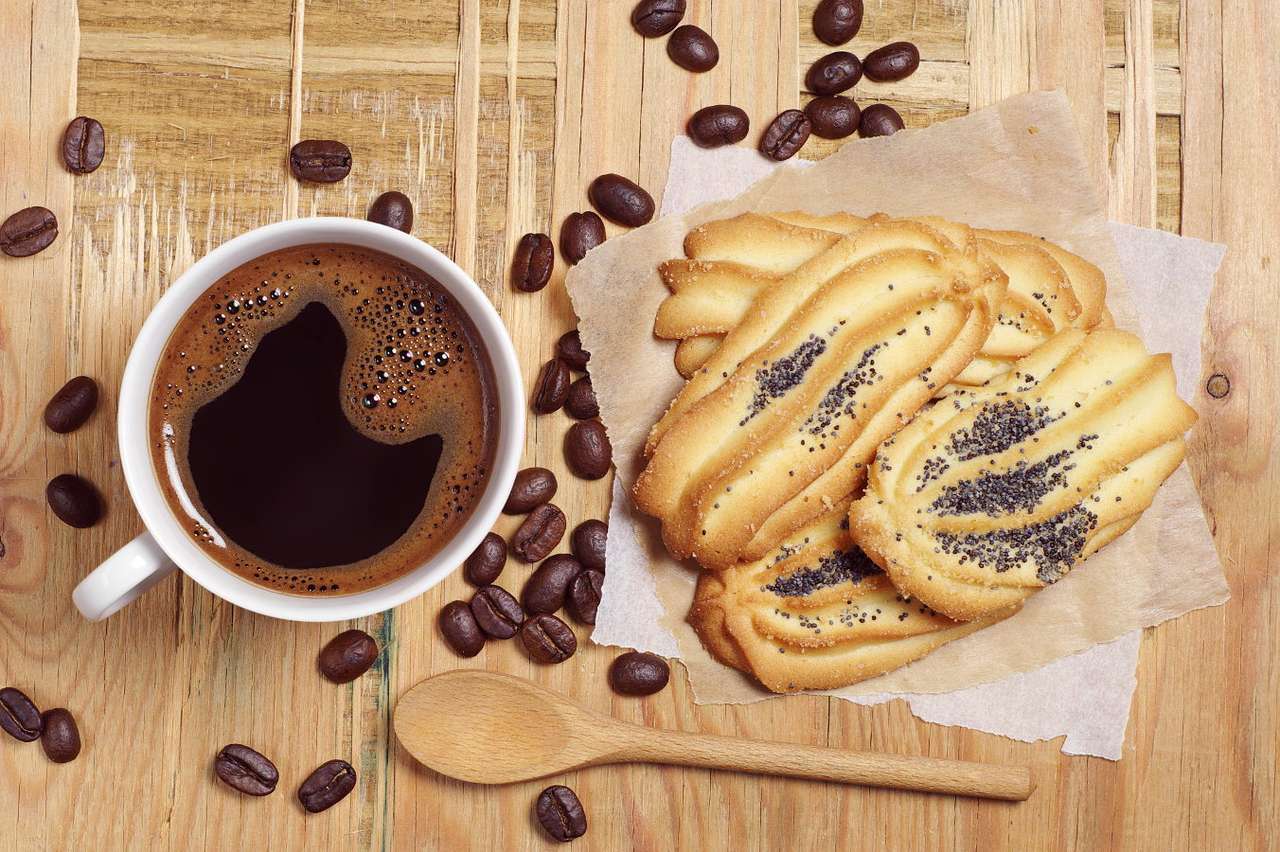 Uma xícara de café e biscoitos puzzle online a partir de fotografia