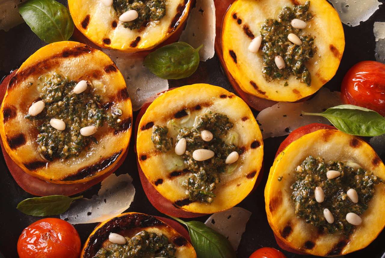Grilled yellow zucchini with pesto and nuts puzzle online from photo