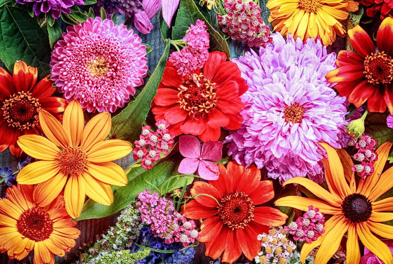 Multicolored composition with dahlias and gerberas online puzzle