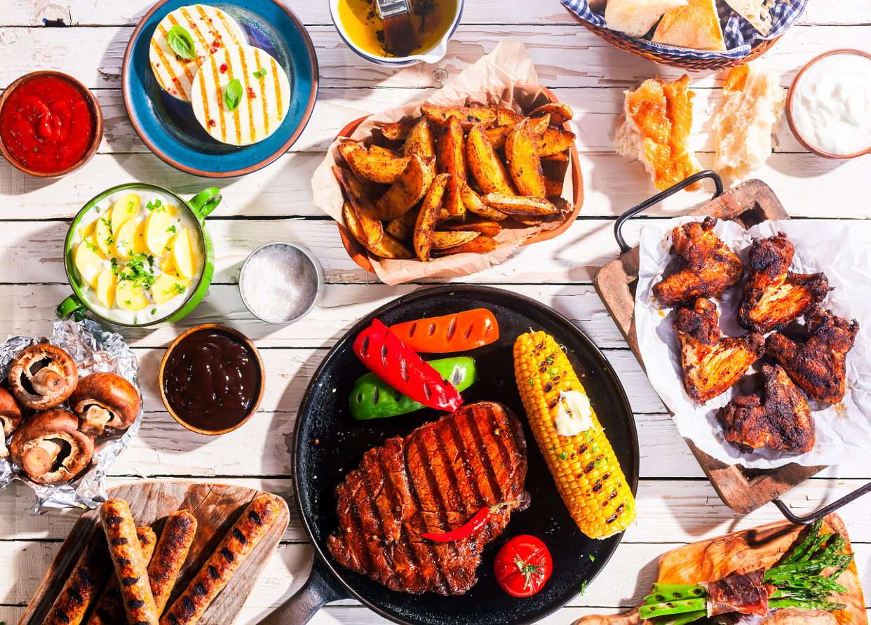 Table filled with grilled dishes online puzzle
