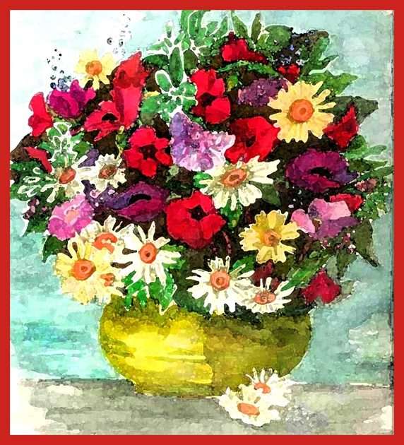 Akvarell - blommor i en vas Pussel online