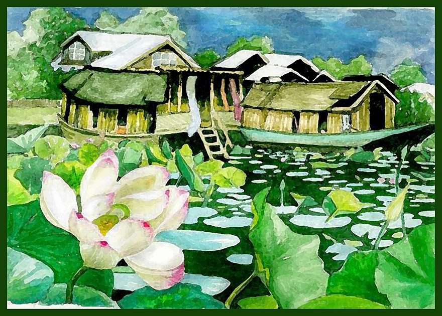 Acuarel Kashmiri lotus ... puzzle online din fotografie
