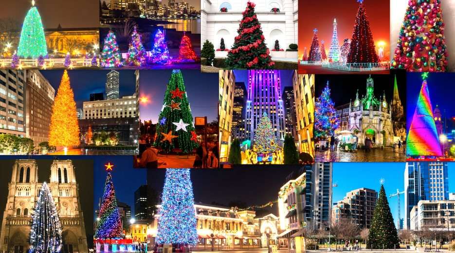 Sapins de Noël dans les villes puzzle en ligne à partir d'une photo