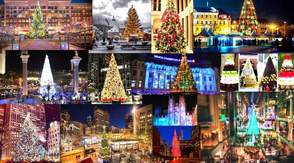 Рождественские елки в городах онлайн-пазл