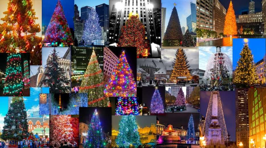 Χριστουγεννιάτικα δέντρα στις πόλεις παζλ online από φωτογραφία