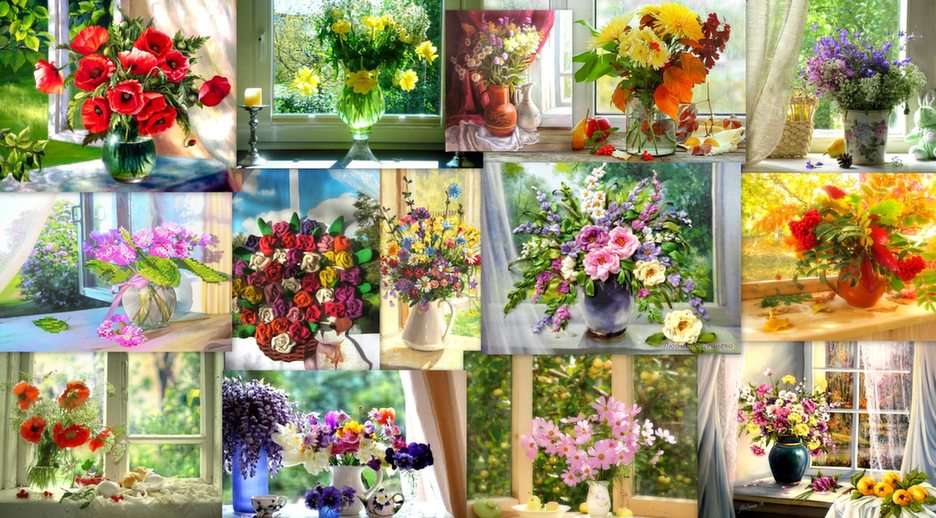 Blommor i fönstret Pussel online