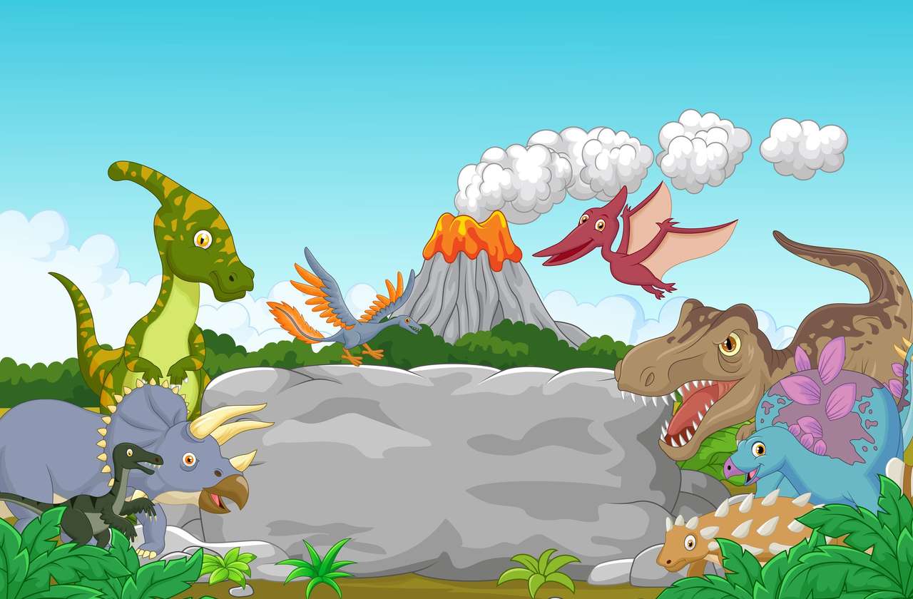 Динозавры и вулкан пазл онлайн из фото