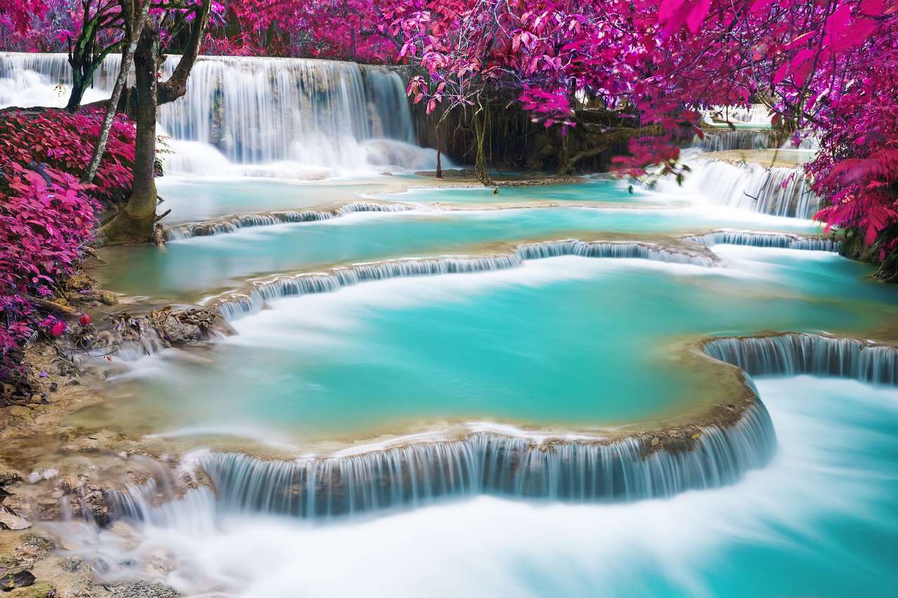 Waterfall and roses puzzle online from photo