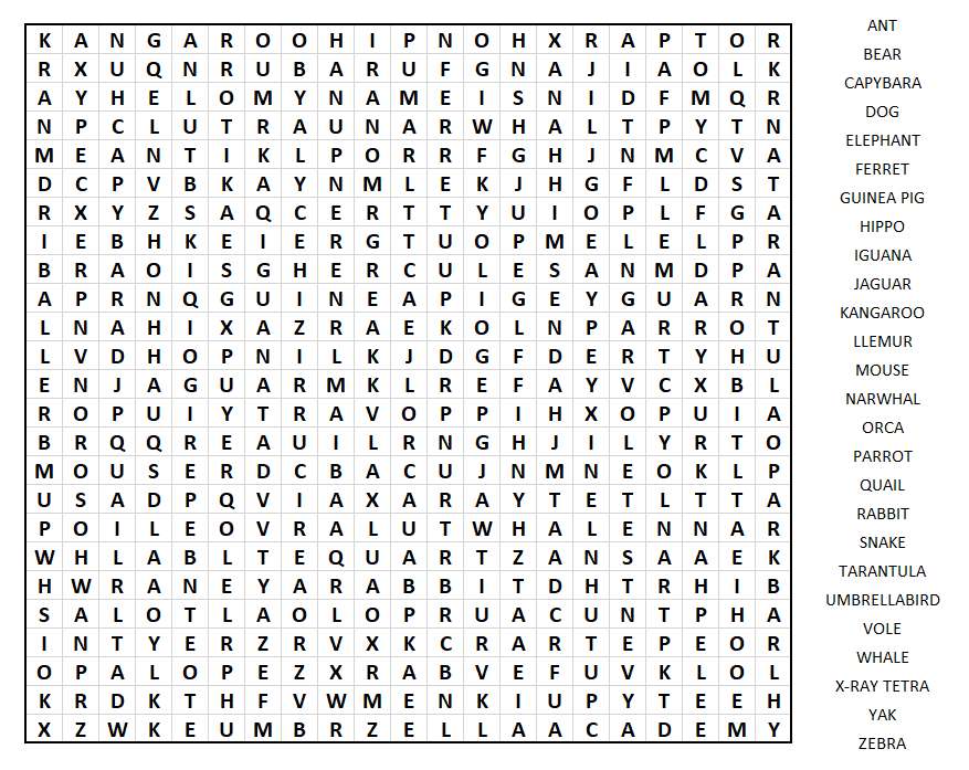 Habbox Animal Wordsearch puzzle online from photo