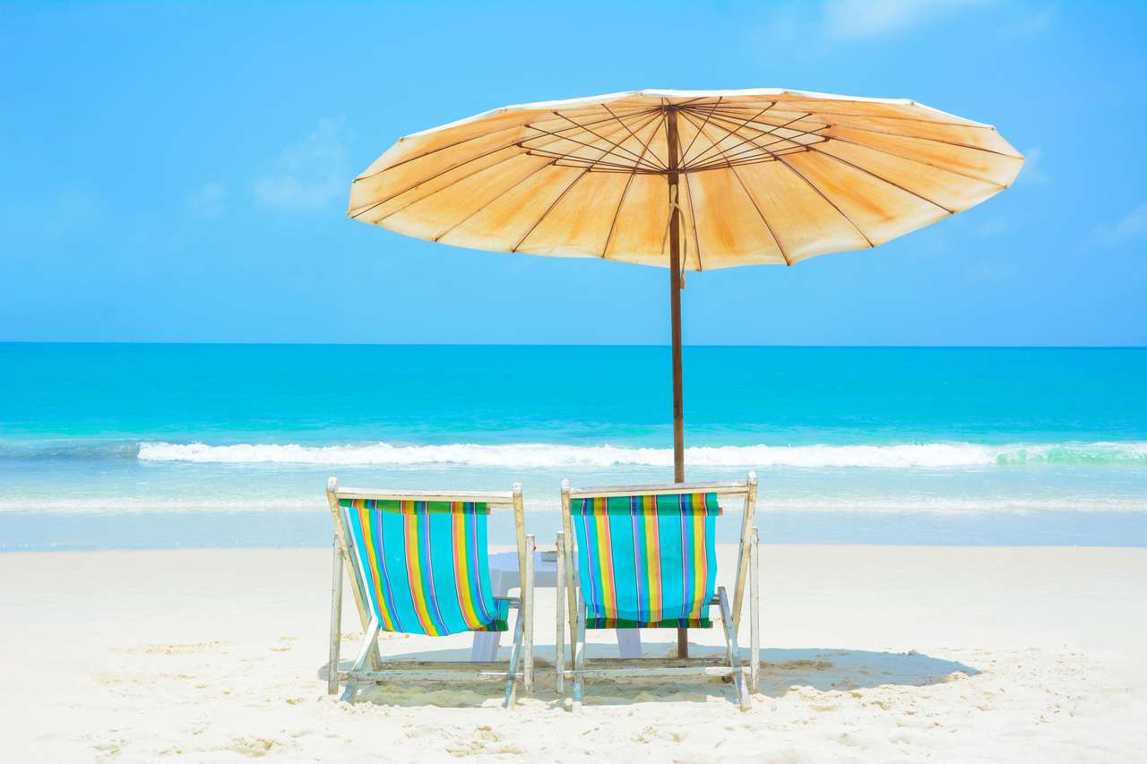 Beach chairs and umbrella puzzle online from photo