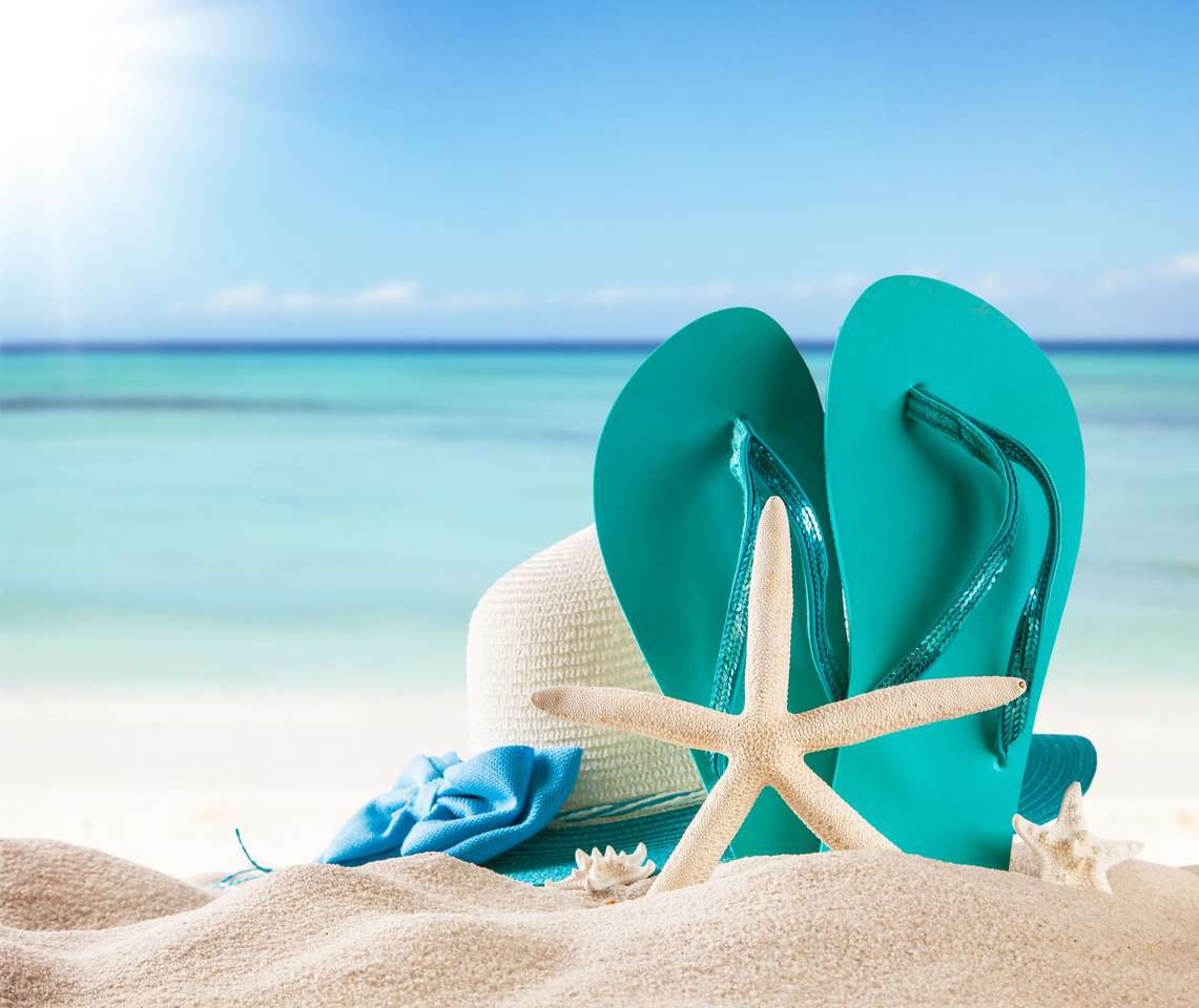 Playa de arena, conchas y sandalias azules. rompecabezas en línea