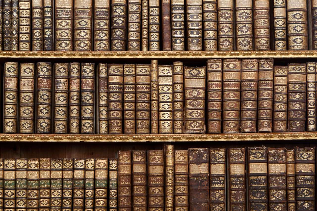 Gamla antika böcker på hyllan i biblioteket Pussel online