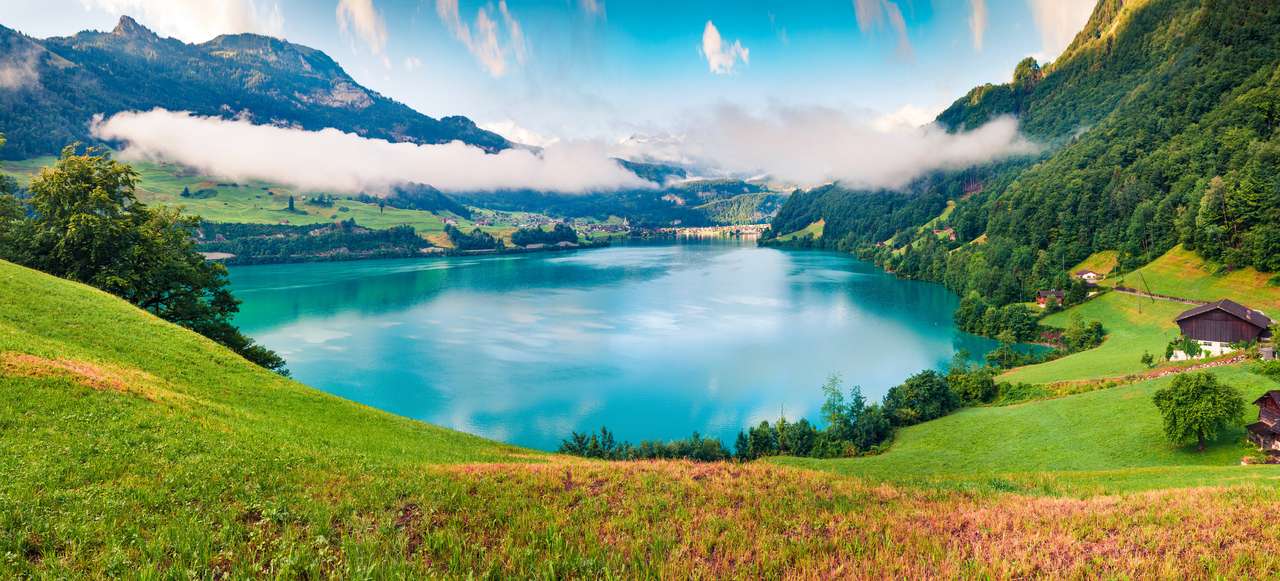 Foggy summer panorama of Lungerersee lake. Colorful morning view of Swiss  Alps, Lungern village location, Switzerland, Europe. Artistic style post  processed photo. - ePuzzle photo puzzle