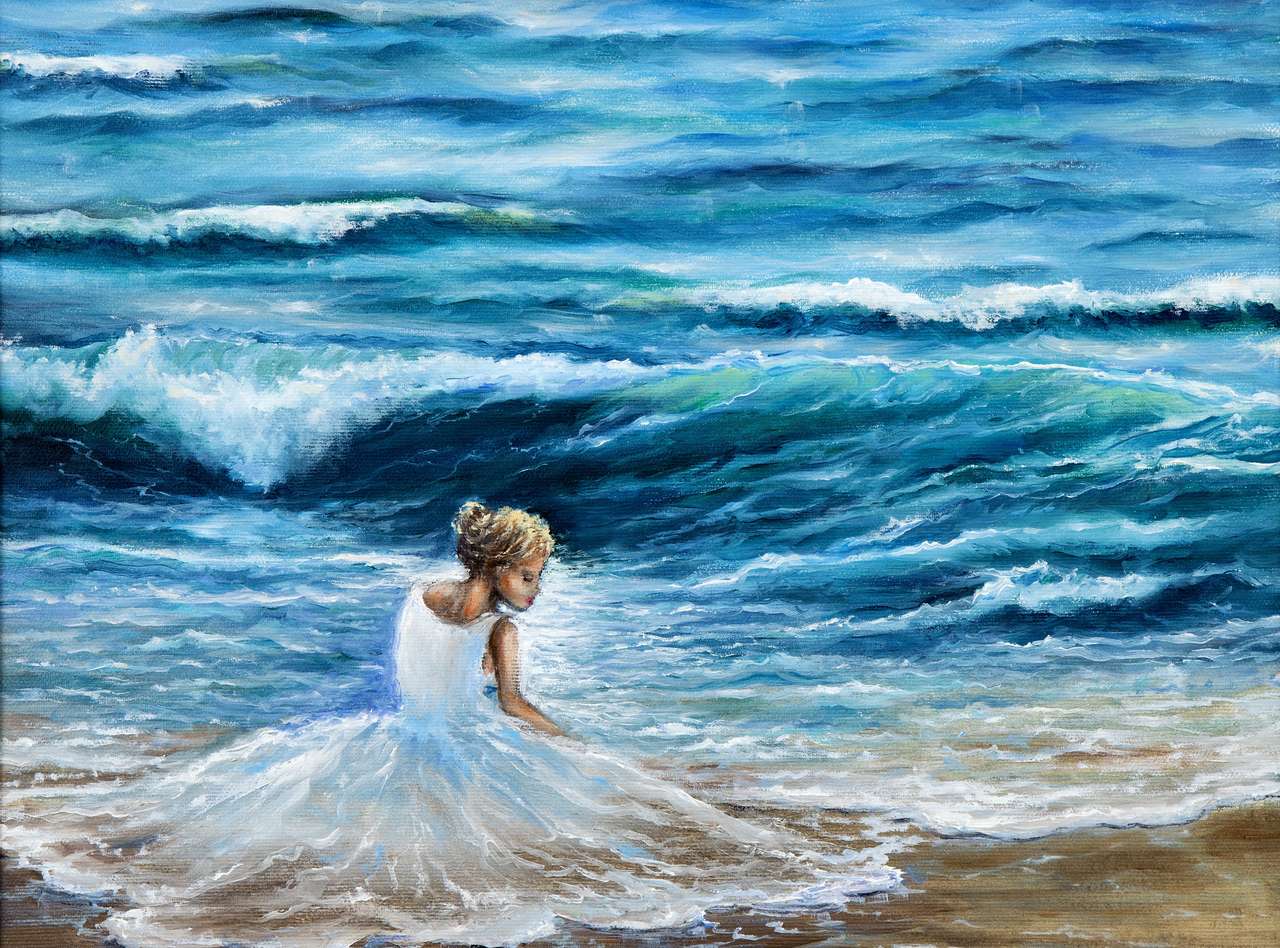Femme en robe blanche sur la plage puzzle en ligne à partir d'une photo