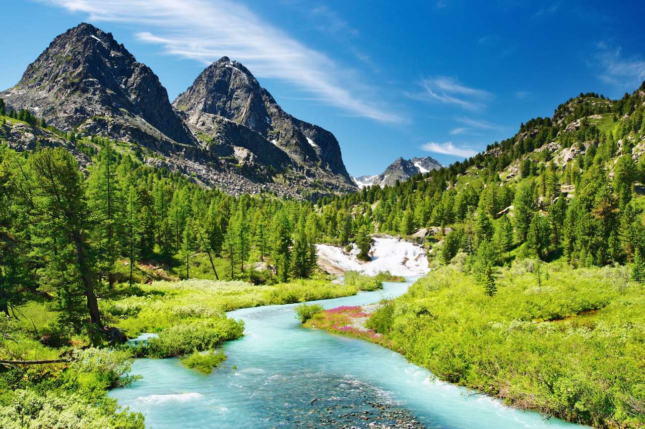 Paysage de montagne avec rivière et forêt puzzle en ligne à partir d'une photo