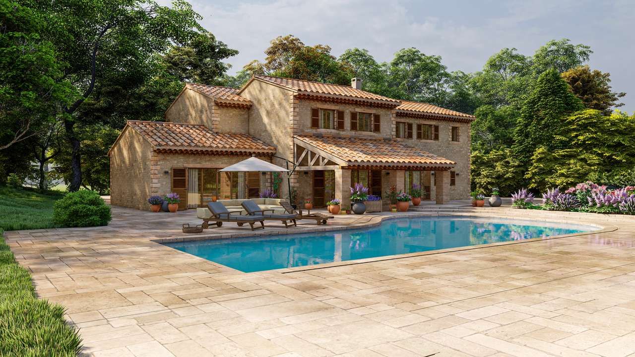 Casa de estilo mediterrânea com piscina e jardim puzzle online a partir de fotografia