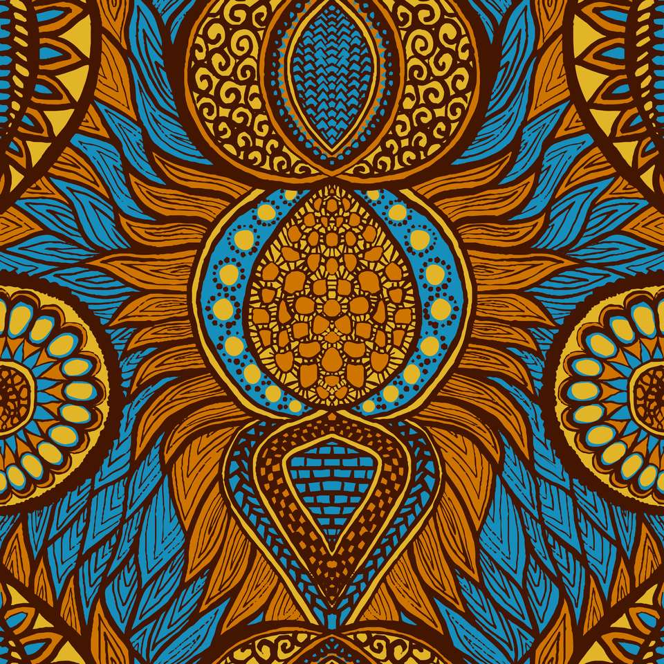 Африкански печат в сини, оранжеви и жълти цветове онлайн пъзел от снимка