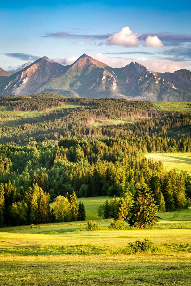 Fantastisk solnedgång vid Belianske Tatra -bergen på sommaren Pussel online