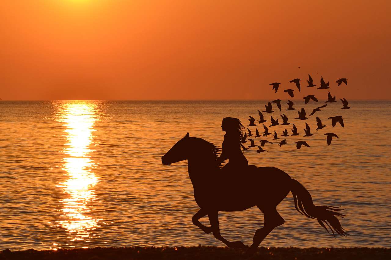 γυναίκα που ιππεύει ένα άλογο σε μια παραλία online παζλ