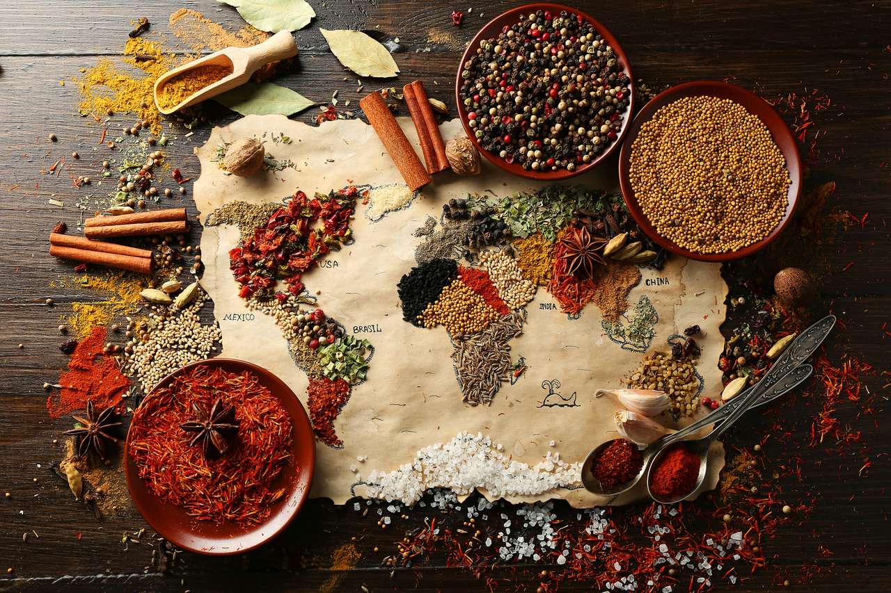 världen gjord av olika kryddor pussel online från foto