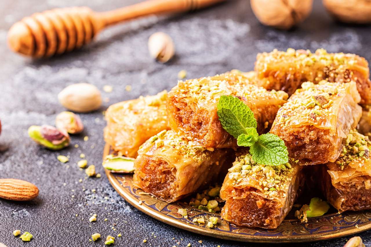 Homemade baklava with nuts and honey, selective focus. online puzzle