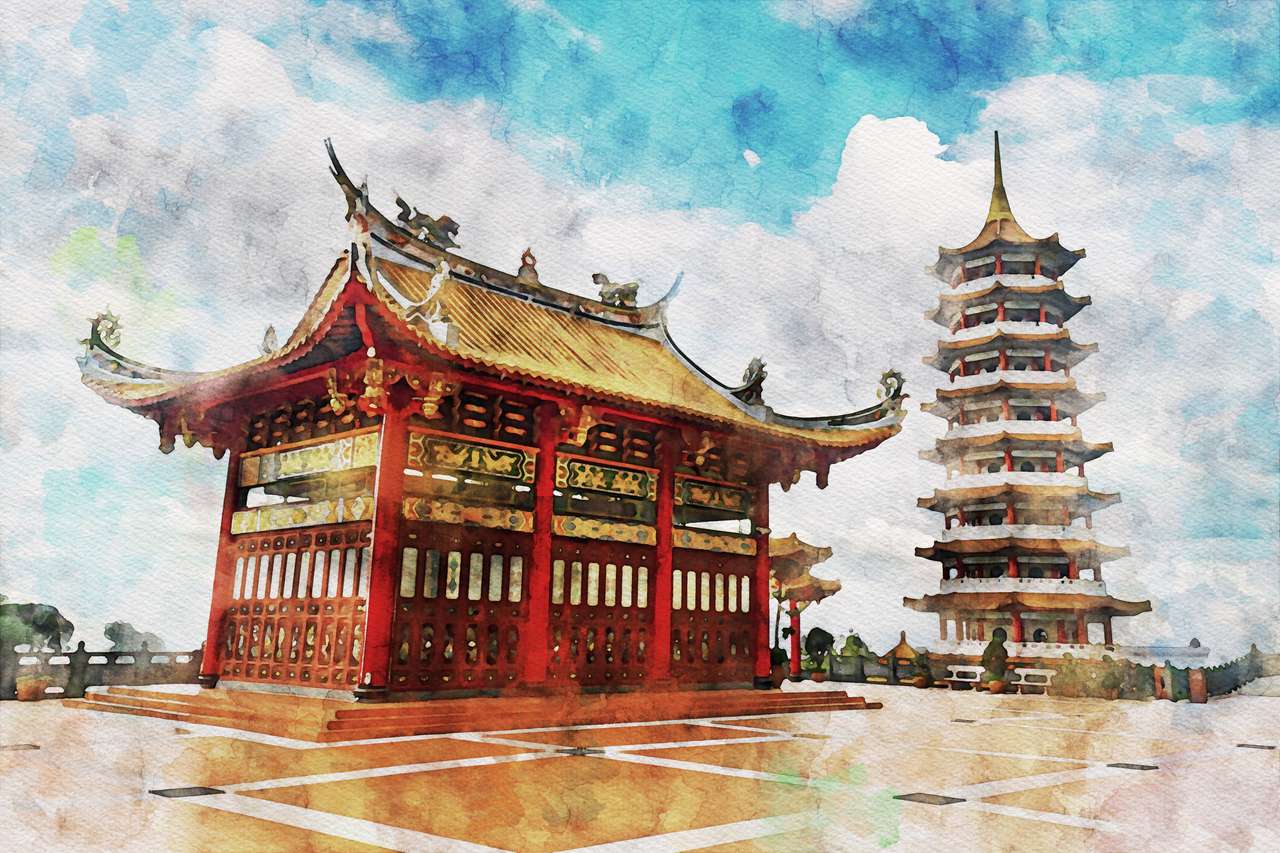 Watercolor of a red chinese pagoda online puzzle